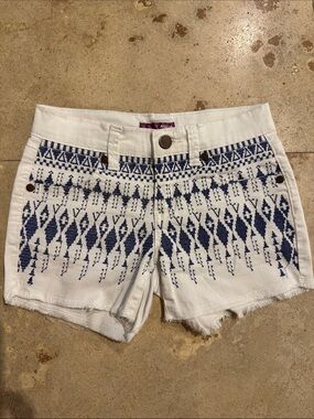 Aqua White Denim Shorts with Navy Embroidered Geo Pattern
